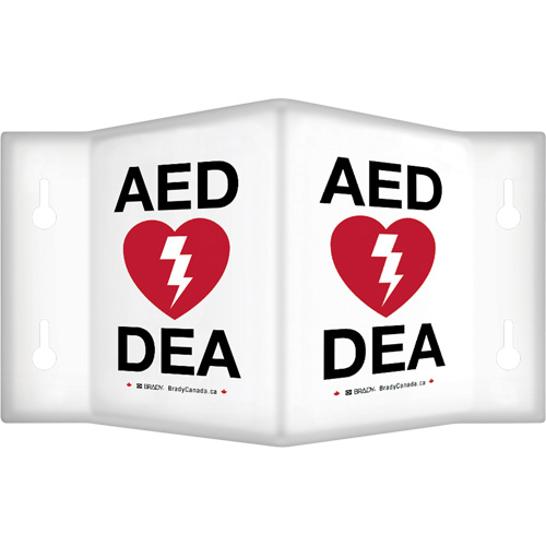 Enseigne &agrave; projection sur 90°  AED/ DEA , 6" x 5", Plastique, Bilingue avec pictogramme Absolute Business Supply
