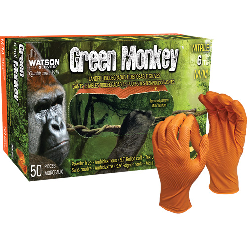 Green Monkey Disposable Gloves, Small, Nitrile, 6-mil, Powder-Free, Orange Absolute Business Supply