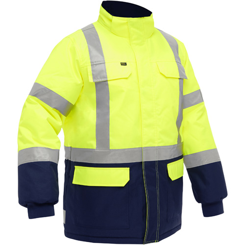 Manteau pour le froid extr&ecirc;me avec bas bleu marin et X au dos Bisley, Polyester, Jaune lime haute visibilit&eacute;, Moyen Absolute Business Supply