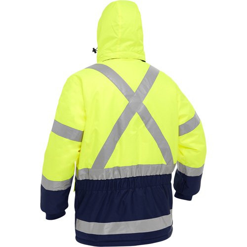 Manteau pour le froid extr&ecirc;me avec bas bleu marin et X au dos Bisley, Polyester, Jaune lime haute visibilit&eacute;, Moyen Absolute Business Supply