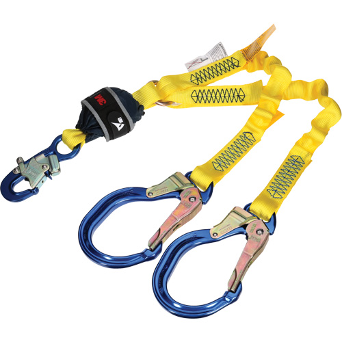 Twin-Leg Stretch Web Shock-Absorbing Lanyard, 4', Rebar Hook Center, Snap Hook Leg Ends Absolute Business Supply