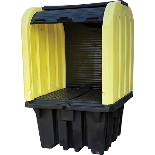 Yellow Roll Top Hardcover Spill Pallet, 65" L x 65" W x 101" H, 5000 lbs. Load Capacity Absolute Business Supply