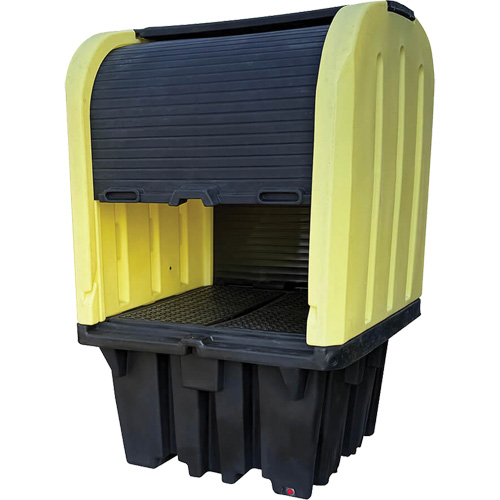 Yellow Roll Top Hardcover Spill Pallet, 65" L x 65" W x 101" H, 5000 lbs. Load Capacity Absolute Business Supply