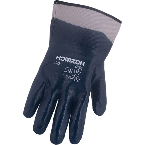 Gants bleu marine avec manchettes renforc&eacute;es &agrave; entoilage coll&eacute; Horizon, T-Grand, R&ecirc;vetement Nitrile, Enveloppe en Jersey/Coton Absolute Business Supply