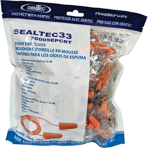 Bouchons d'oreilles coniques jetables en mousse de PU orange SEALTEC33, Vrac - Sac en poly, Avec cordon Absolute Business Supply