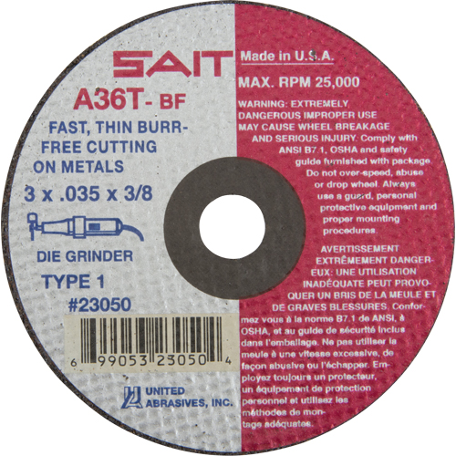 Cut-Off Wheel (A36T), 3" x 0.035", 3/8" Arbor, Type 27, Aluminum Oxide, 25000 RPM Absolute Business Supply