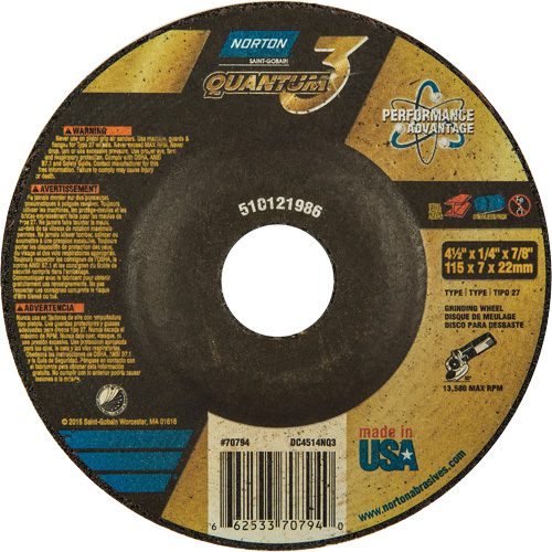 Quantum3 Grinding Wheel, 4-1/2" x 1/4", 7/8" Arbor, Ceramic Alumina, Type 27 Absolute Business Supply