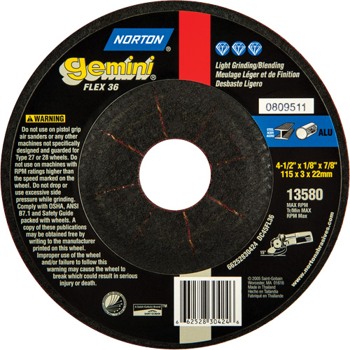Gemini&reg; Flexible Mini Disc Depressed Centre Wheel, 4-1/2" x 1/8", 7/8" Arbor, Aluminum Oxide, Type 27 Absolute Business Supply