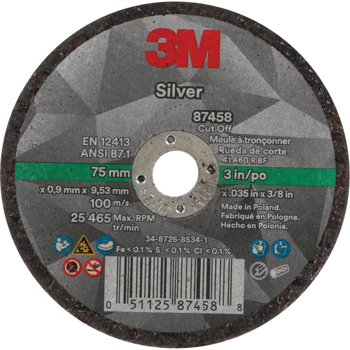Meule &agrave; tronçonner Silver, 3" x 0,04", Arbre de 3/8"-24, Type 1, C&eacute;ramique, 25645 Tr/min Absolute Business Supply