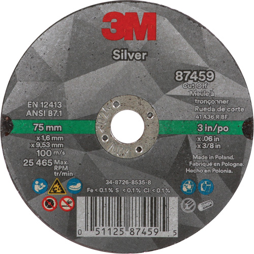 Silver Cut-Off Wheel, 3" x 0.06", 3/8"-24 Arbor, Type 1, Ceramic, 25645 RPM Absolute Business Supply