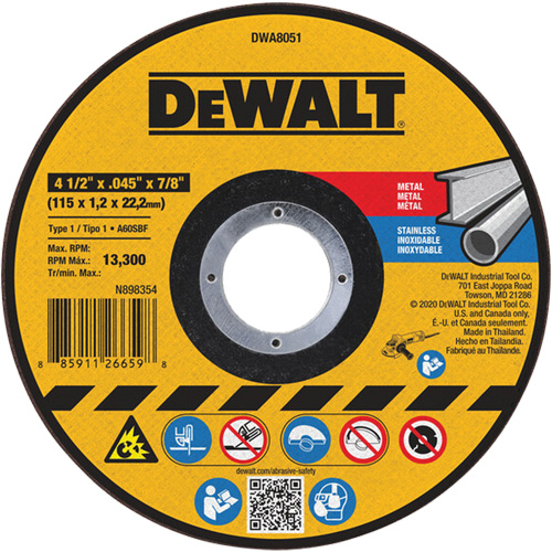Meule de tronçonnage des m&eacute;taux, 4-1/2" x 0,045", Arbre 7/8", Oxyde d'aluminium, Type 1 Absolute Business Supply