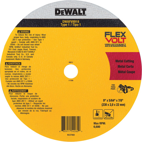 Meule de tronçonnage des m&eacute;taux FlexVolt, 9-1/16" x 0,078", Arbre 22,23 mm, C&eacute;ramique, Type 1 Absolute Business Supply