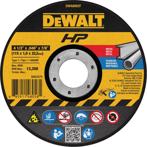 Meule de tronçonnage des m&eacute;taux HP, 4-1/2" x 0,04", Arbre de 7/8", Type 1, Oxyde d'aluminium, 13 300 Tr/min Absolute Business Supply