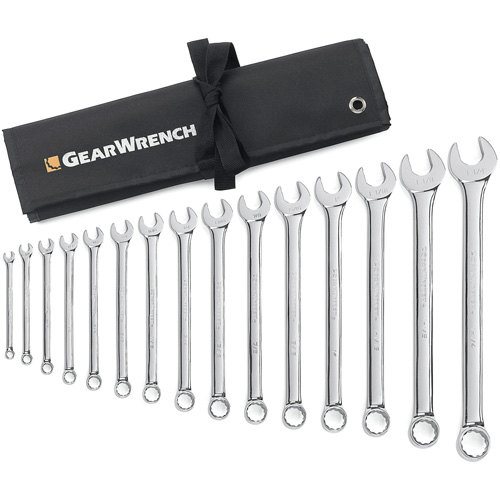 12-Point Long Pattern Wrench Set with Tool Roll, Combination, 15 Pieces, Imperial Absolute Business Supply