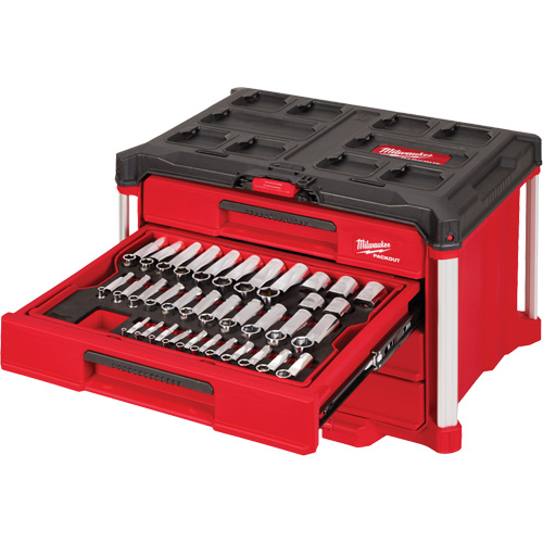 Ensemble de 242 pi&egrave;ces de douilles et cliquets m&eacute;triques et SAE 1/4", 3/8" et 1/2" avec boîte &agrave; outils PACKOUT &agrave; 4 tiroirs, 16-3/10" x 22-1/5" x 14-3/10", Noir/Rouge Absolute Business Supply
