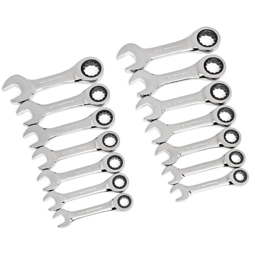 72-Tooth 12 Point Stubby Wrench Set, Ratcheting Combination, 14 Pieces, Imperial and Metric Absolute Business Supply