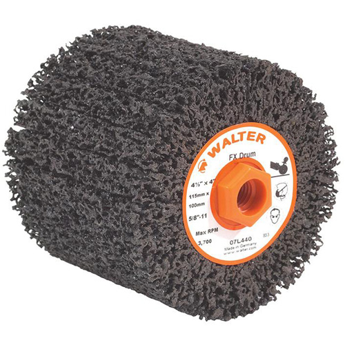 FX Cleaning & Finishing Drum, 4-1/4" Dia. x 4" W, 5/8"-11 Arbor, Coarse Grit Absolute Business Supply