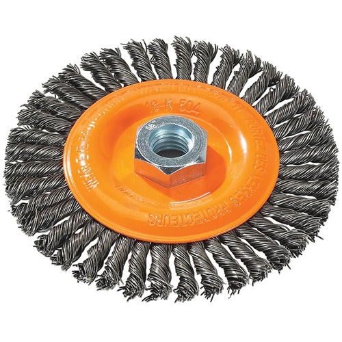 Stringer Bead Knotted Wire Brush, 5" Dia., 0.02" Fill, 5/8"-11 Arbor, Steel Absolute Business Supply