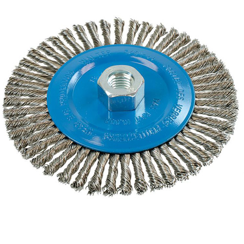 Brosse &agrave; fils &eacute;troits nou&eacute;s et torsad&eacute;s, Dia. 6", Fils 0,02", Arbre 5/8"-11, Aluminium/Acier inoxydable Absolute Business Supply