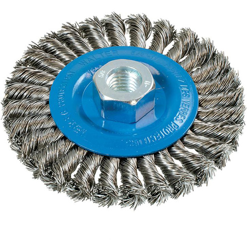 Wide Knotted Wire Wheel Brush, 4-1/2" Dia., 0.02" Fill, 5/8"-11 Arbor, Aluminum/Stainless Steel Absolute Business Supply