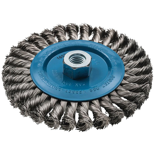 Wide Knotted Wire Wheel Brush, 6" Dia., 0.02" Fill, 5/8"-11 Arbor, Aluminum/Stainless Steel Absolute Business Supply