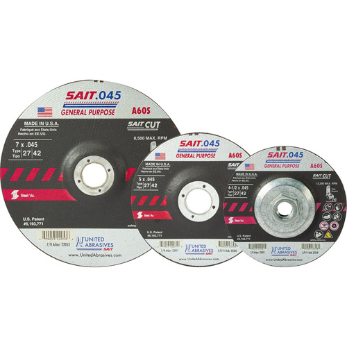 Sait Cutting Wheel, 5" x 0.045", 7/8" Arbor, Type 27, Aluminum Oxide, 12200 RPM Absolute Business Supply