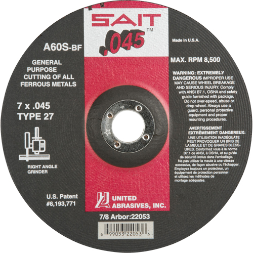 Depressed Center Cut-Off Wheel, 7" x 0.045", 7/8" Arbor, Type 27, Aluminum Oxide, 8500 RPM Absolute Business Supply