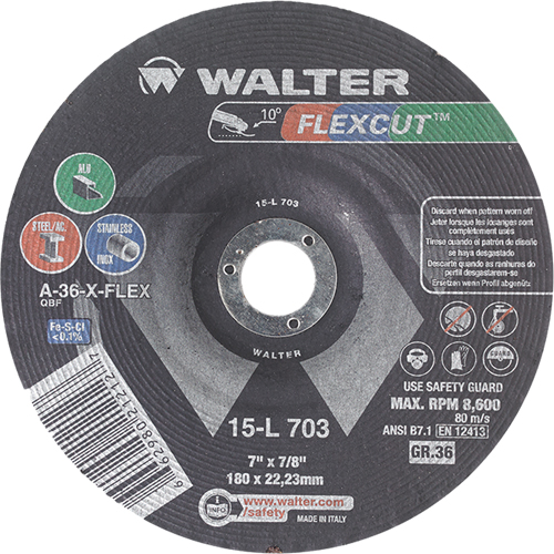 Flexcut Depressed Centre Grinding Wheels, 7", 36 Grit, Aluminum Oxide, 7/8", 8600 RPM, Type 29 Absolute Business Supply