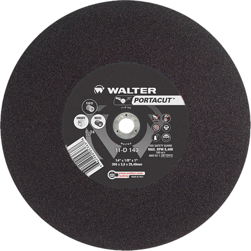 Meule &agrave; tronçonner rapide en acier inoxydable Portacut, 14" x 1/8", Arbre de 1", Type 1, Carbure de silicium, 5400 Tr/min Absolute Business Supply