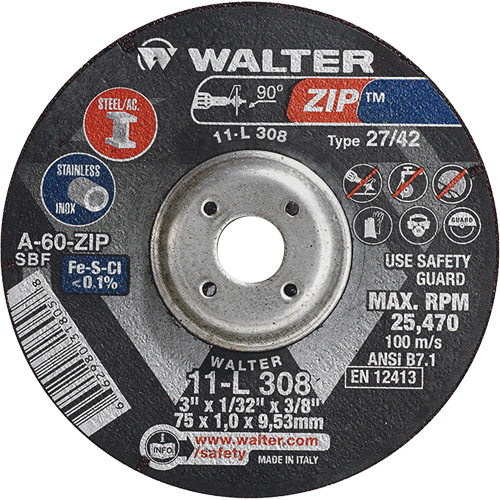 Zip Cutting and Grinding Wheel, 3" x 1/13", 3/8" Arbor, Type 27, 60 Grit, Aluminum Oxide Absolute Business Supply