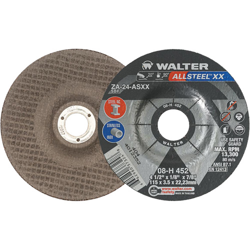 Depressed Centre Grinding Wheels - ALLSTEEL XX, 4-1/2" x 1/8", 7/8" Arbor, Type 27, Zirconia Alumina, 13300 RPM Absolute Business Supply