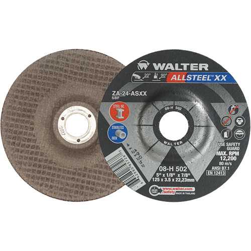 Depressed Centre Grinding Wheels - ALLSTEEL XX, 5" x 1/8", 7/8" Arbor, Type 27, Zirconia Alumina, 12200 RPM Absolute Business Supply