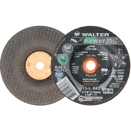 FLEXCUT MILL SCALE Grinding Wheel, 4-1/2", 36 Grit, Aluminum Oxide, 5/8"-11, 13300 RPM, Type 29 Absolute Business Supply