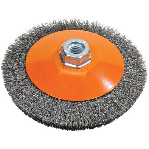 Saucer Crimped Wire Wheel, 6" Dia., 0.012" Fill, 5/8"-11 Arbor Absolute Business Supply