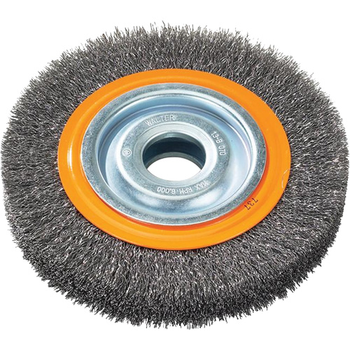 Crimped Wire Bench Wheel Brush, 6" Dia., 0.0118" Fill, 1/2" - 1/4" Arbor Absolute Business Supply