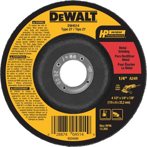 High Performance Metal Grinding Wheel, 4-1/2" x 1/4", 7/8" Arbor, Aluminum Oxide, Type 27 Absolute Business Supply