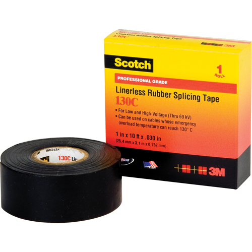 Scotch&reg; Linerless Rubber Splicing Tape 130C, 25.4 mm (1") x 9.14 m (30'), Black Absolute Business Supply