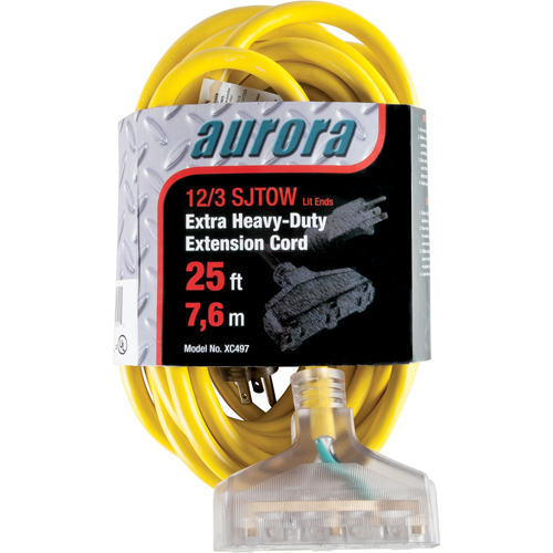 Cordon rallonge en vinyle avec indicateur lumineux, Ext&eacute;rieur, SJTOW, AWG 12/3, 15 A, 3 prise(s), 25' Absolute Business Supply