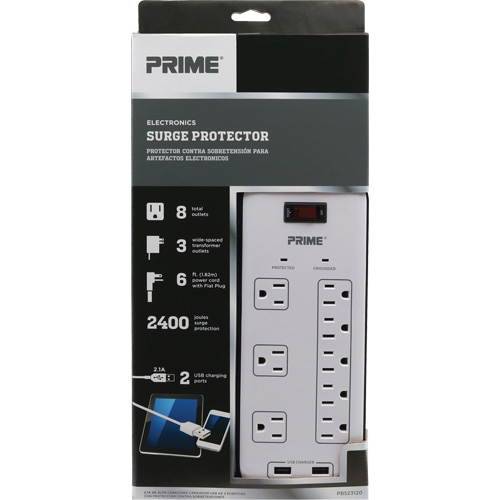 USB Charging Surge Protectors, 8 Outlets, 2400 J, 1875 W, 6' Cord Absolute Business Supply