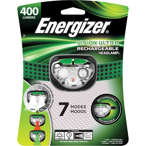 Lampe frontale Vision Ultra, DEL, 400 lumens, 4 hres de fonctionnement, piles Rechargeable Absolute Business Supply