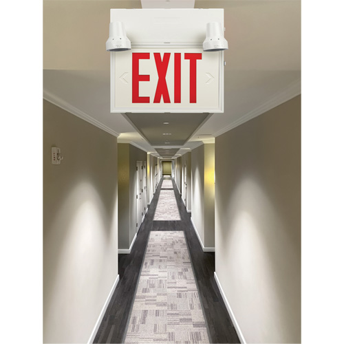 Exit Sign with Security Lights, LED, Battery Operated/Hardwired, 12-1/10" L x 11" W, English Absolute Business Supply