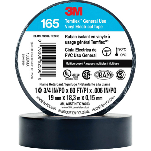 Temflex General Use Vinyl Electrical Tape 165, 19 mm (3/4") x 18 M (60'), Black, 6 mils Absolute Business Supply