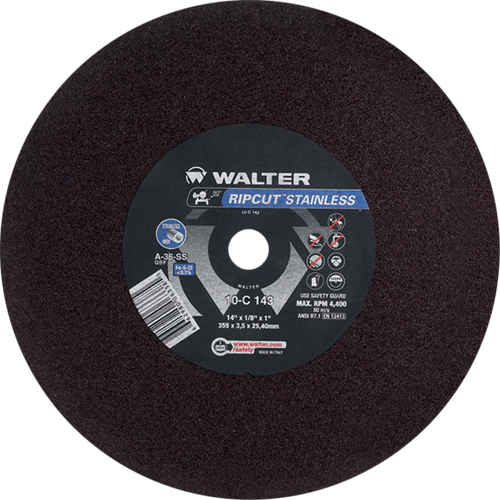 Meule &agrave; tronçonner Ripcut II pour la coupe de l'acier inoxydable sur scies fixes, 14" x 1/8", Arbre de 1", Type 1, Oxyde d'aluminium, 4400 Tr/min Absolute Business Supply