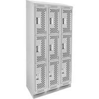 Clean Line Lockers, 3 -tier, Bank of 3, 36" x 15" x 82", Steel, Grey, Rivet (Assembled), Perforated Absolute Business Supply