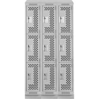 Clean Line Lockers, 3 -tier, Bank of 3, 36" x 15" x 82", Steel, Grey, Rivet (Assembled), Perforated Absolute Business Supply