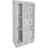Clean Line Lockers, 3 -tier, Bank of 3, 36" x 15" x 82", Steel, Grey, Rivet (Assembled), Perforated Absolute Business Supply
