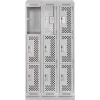 Clean Line Lockers, 3 -tier, Bank of 3, 36" x 15" x 82", Steel, Grey, Rivet (Assembled), Perforated Absolute Business Supply