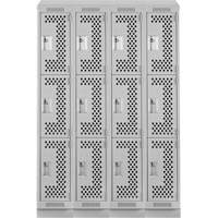 Clean Line Lockers, 3 -tier, Bank of 4, 48" x 18" x 82", Steel, Grey, Rivet (Assembled), Perforated Absolute Business Supply