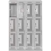 Clean Line Lockers, 3 -tier, Bank of 4, 48" x 18" x 82", Steel, Grey, Rivet (Assembled), Perforated Absolute Business Supply