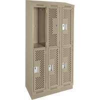 Clean Line Lockers, 2 -tier, Bank of 3, 36" x 15" x 82", Steel, Beige, Rivet (Assembled), Perforated Absolute Business Supply
